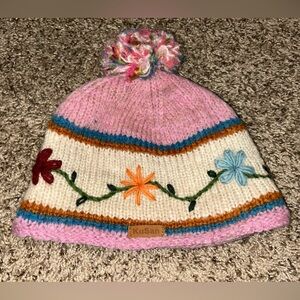 Pink Knit Kids Hat with Floral Accents